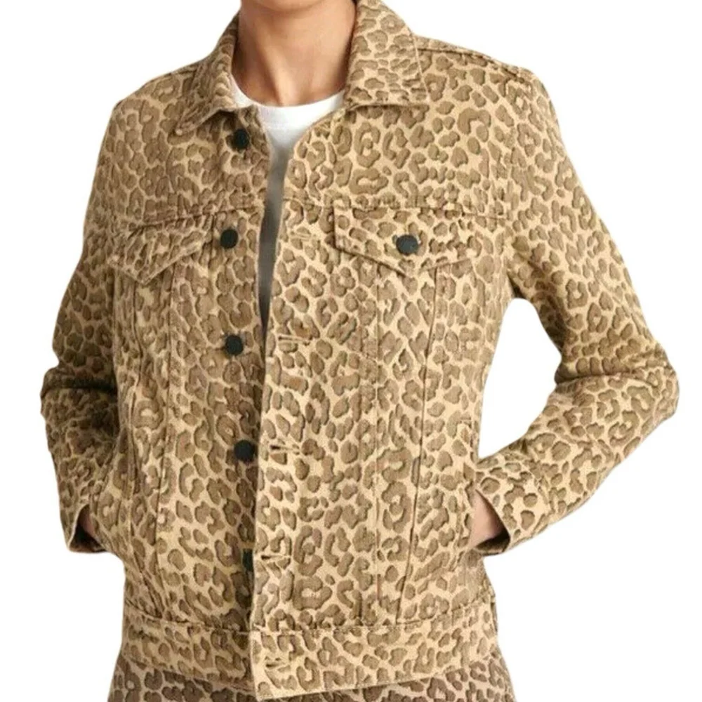 Lucky Brand Womens XS Leopard Denim Jacket The Tomboy Trucker Animal Print Brown - Picture 2 of 16